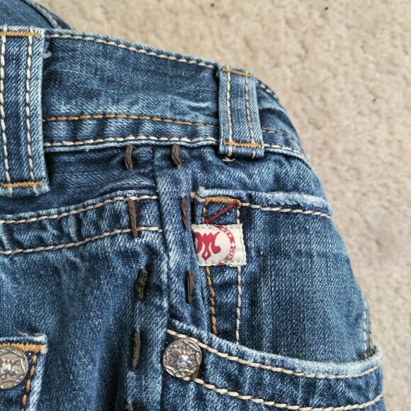 MEK Denim Osaka Jeans 36x32 Blue Straight Bootcut Distressed Button Fly GUC - Picture 6 of 7